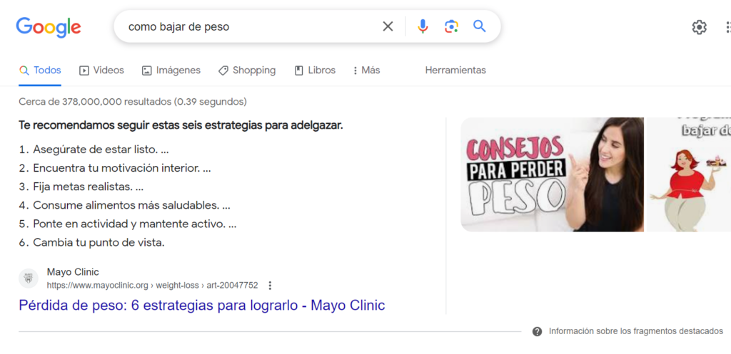 ejemplo de fragmentos destacados en google serp