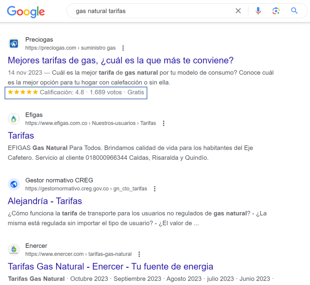 ejemplo de review snippet en serp de google schema mark-up