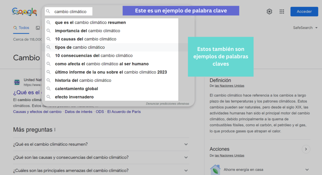 ejemplo de keyword en la serp de google